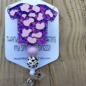Cow print scrub top T-shirt name badge reel ID holder with beads